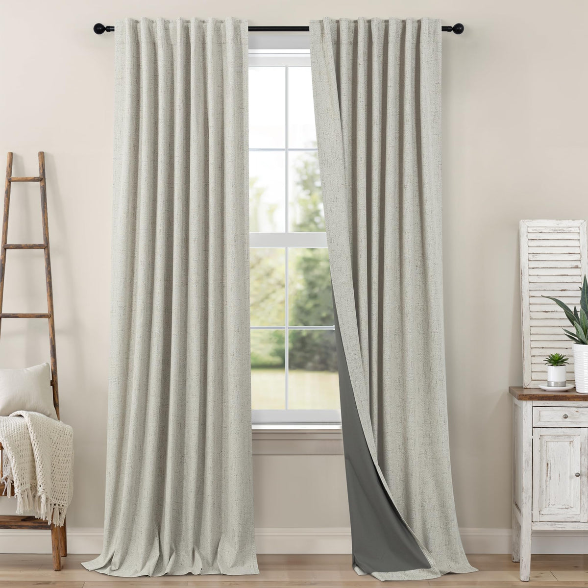 100% Blackout Curtains 84 Inch Length 2 Panels Set Neutral Boho Linen Farmhouse for Bedroom Windows Living Room Darkening Thermal Insulated Drapes Natural Cream Ivory 7ft Long Back Tab Pleated Pocket