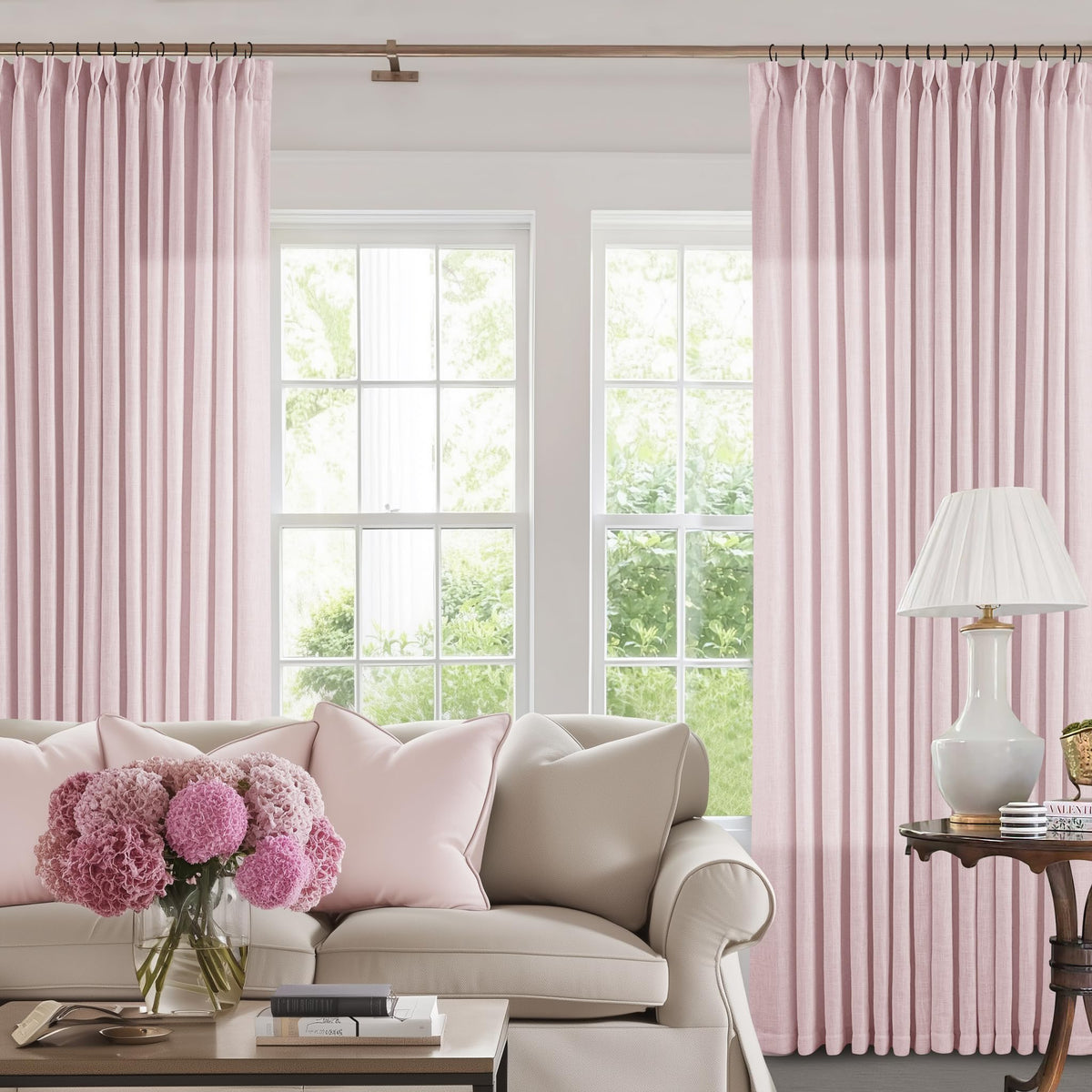 TWODRAPES Natural Pinch Pleated Linen Semi Sheer 84 Inch Curtains 2 Panels