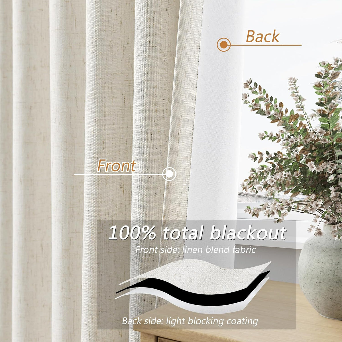 Guken Cream Linen Blackout Curtains 84 Inch Length 2 Panels Set for Living Room Bedroom Back Tab Thermal Insulated 100% Black Out Drapes Room Darkening Window Curtain Ivory Natural Beige