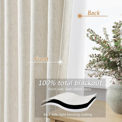 Guken Cream Linen Blackout Curtains 84 Inch Length 2 Panels Set for Living Room Bedroom Back Tab Thermal Insulated 100% Black Out Drapes Room Darkening Window Curtain Ivory Natural Beige