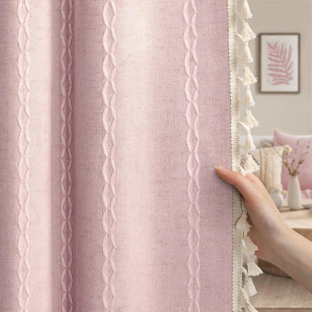 Boho 100% Blackout Curtains 84 Inch 2 Panels Linen Blend Beige