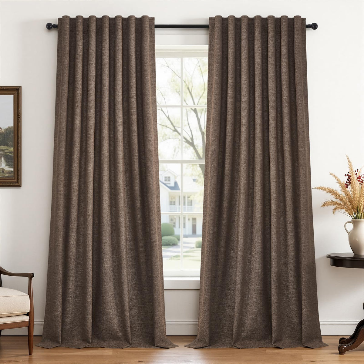 Topfinel Cream Ivory Blackout Curtains & Drapes 84 Inch Length, Beige Pinch Pleat Full Blackout Flax Linen Tab Top Soundproof Curtains with Hooks Rings for Bedroom Living Room Track 2 Panels Set