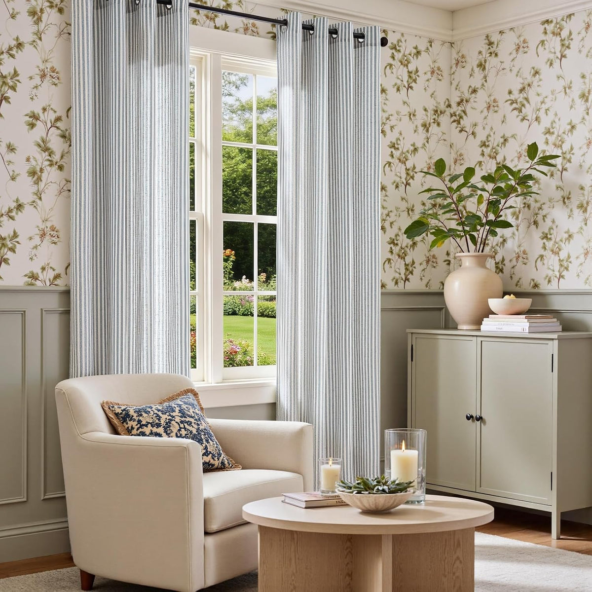 Vangao Linen Curtains for Living Room, Striped Blue Curtains 84L, 2 Panels