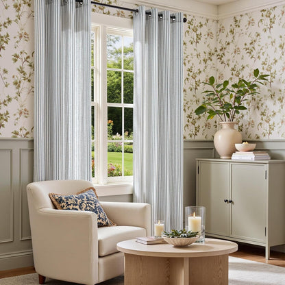 Vangao Linen Curtains for Living Room, Striped Blue Curtains 84L, 2 Panels