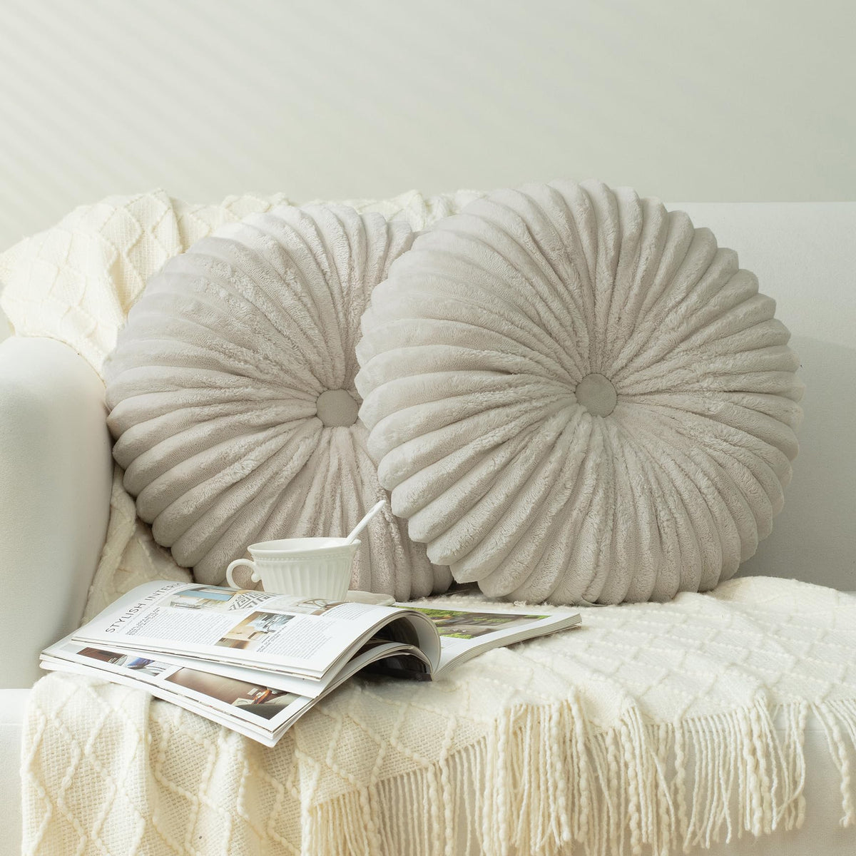 HIG Set of 2 Beige Velvet Decorative Round Pleated Throw Pillows