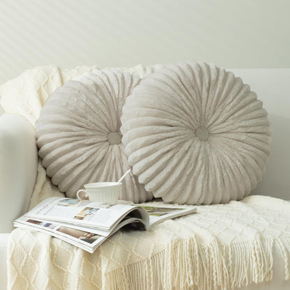 HIG Set of 2 Beige Velvet Decorative Round Pleated Throw Pillows