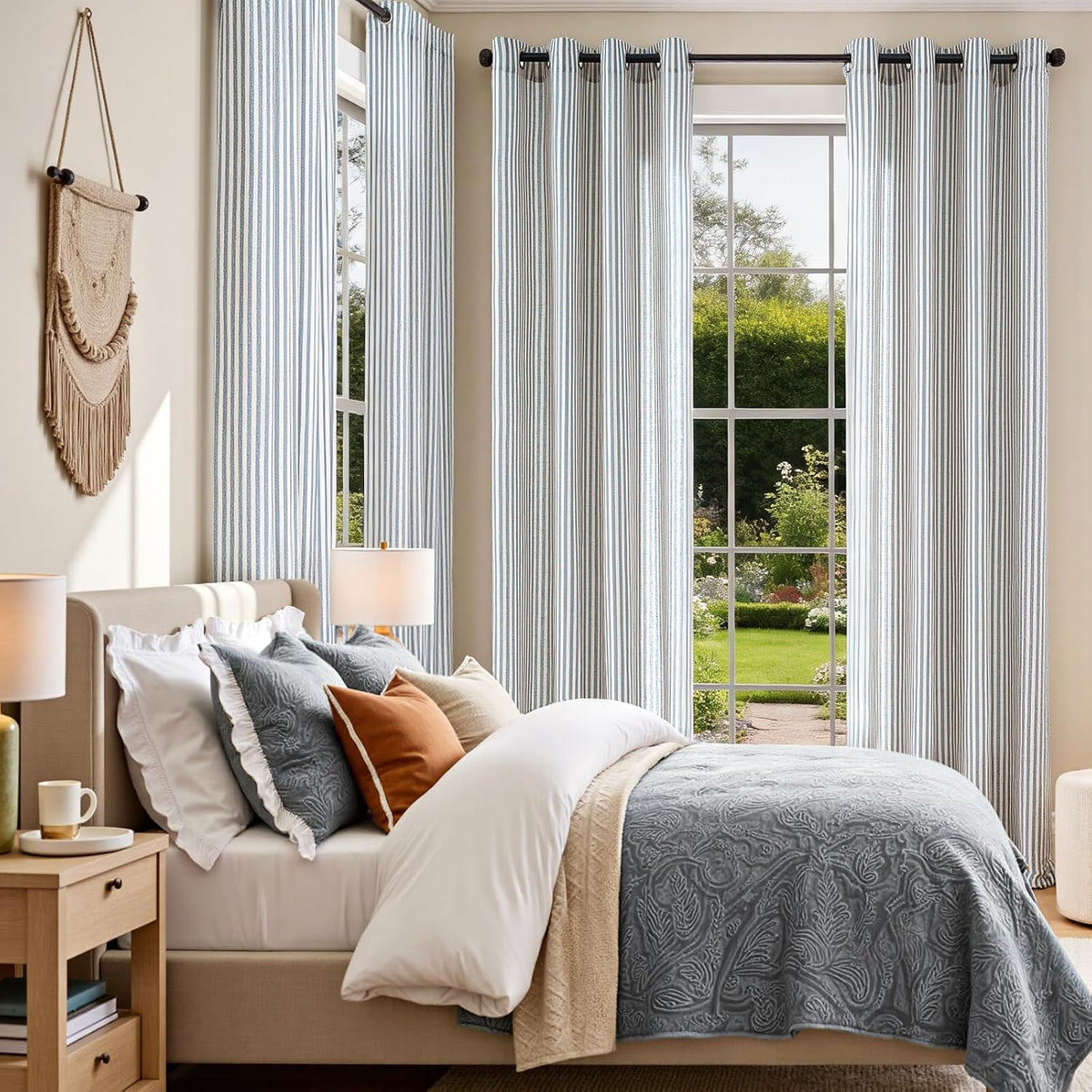 Vangao Linen Curtains for Living Room, Striped Blue Curtains 84L, 2 Panels
