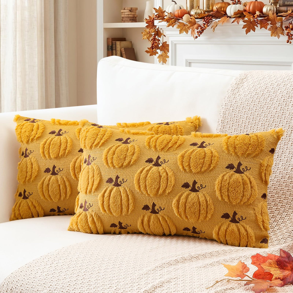 Artscope Fall Pumpkin Throw Pillow Covers 18x18 Set of 2, Autumn Soft Plush Faux Fur Decoration Cushion Covers for Thanksgiving Holiday Couch Sofa Bedroom Home Decor-Mustard Yellow