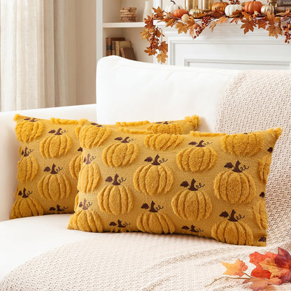 Artscope Fall Pumpkin Throw Pillow Covers 18x18 Set of 2, Autumn Soft Plush Faux Fur Decoration Cushion Covers for Thanksgiving Holiday Couch Sofa Bedroom Home Decor-Mustard Yellow
