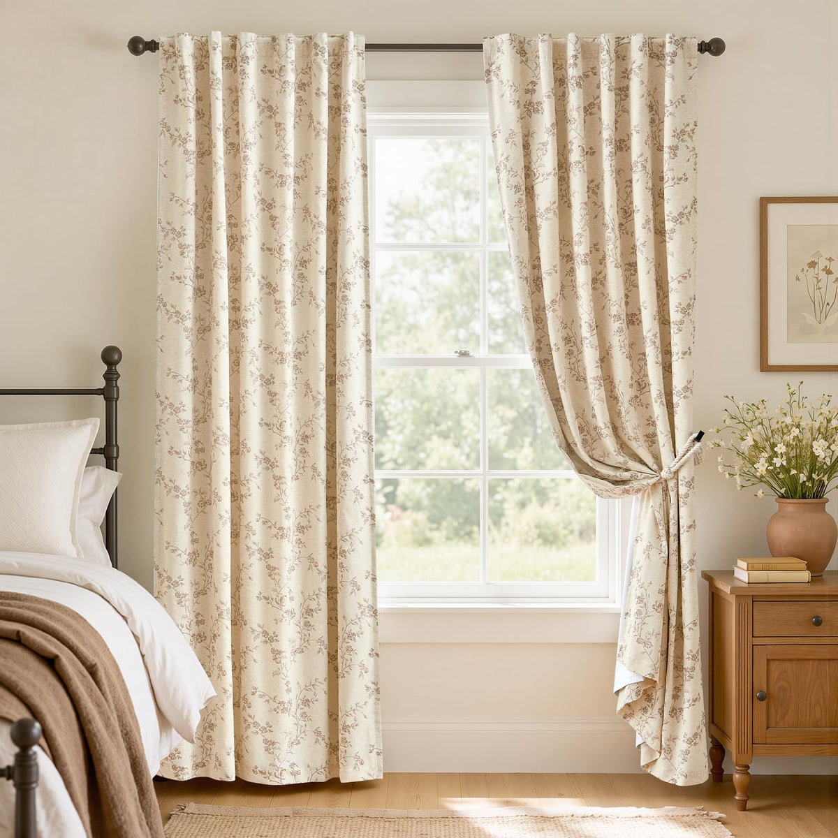 Lazzzy Taupe Vintage Floral Linen Curtains Farmhouse 50W X 84L 2 Panels