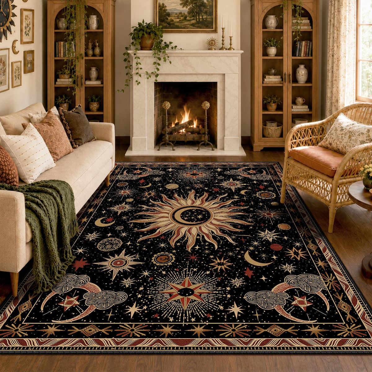 Vacuum-Friendly, 5x7 Washable Area Rug, Black Gold Beige Red