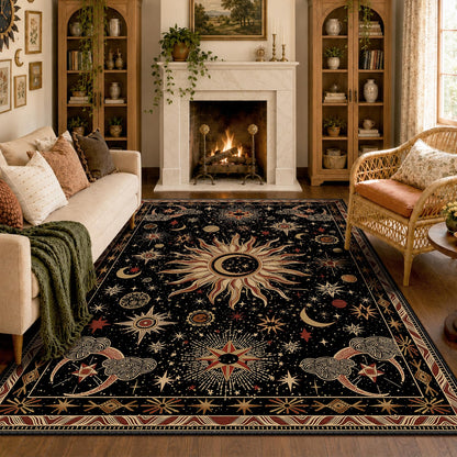 Vacuum-Friendly, 5x7 Washable Area Rug, Black Gold Beige Red