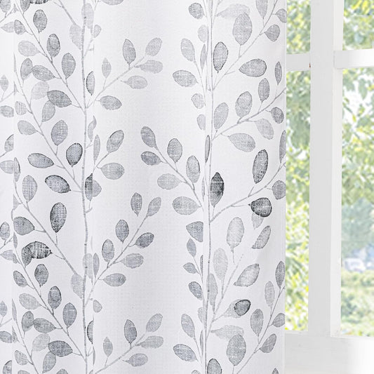 MYSKY HOME Grey Leaf Curtains 63 Inch Length for Bedroom Grommet 2 Panels