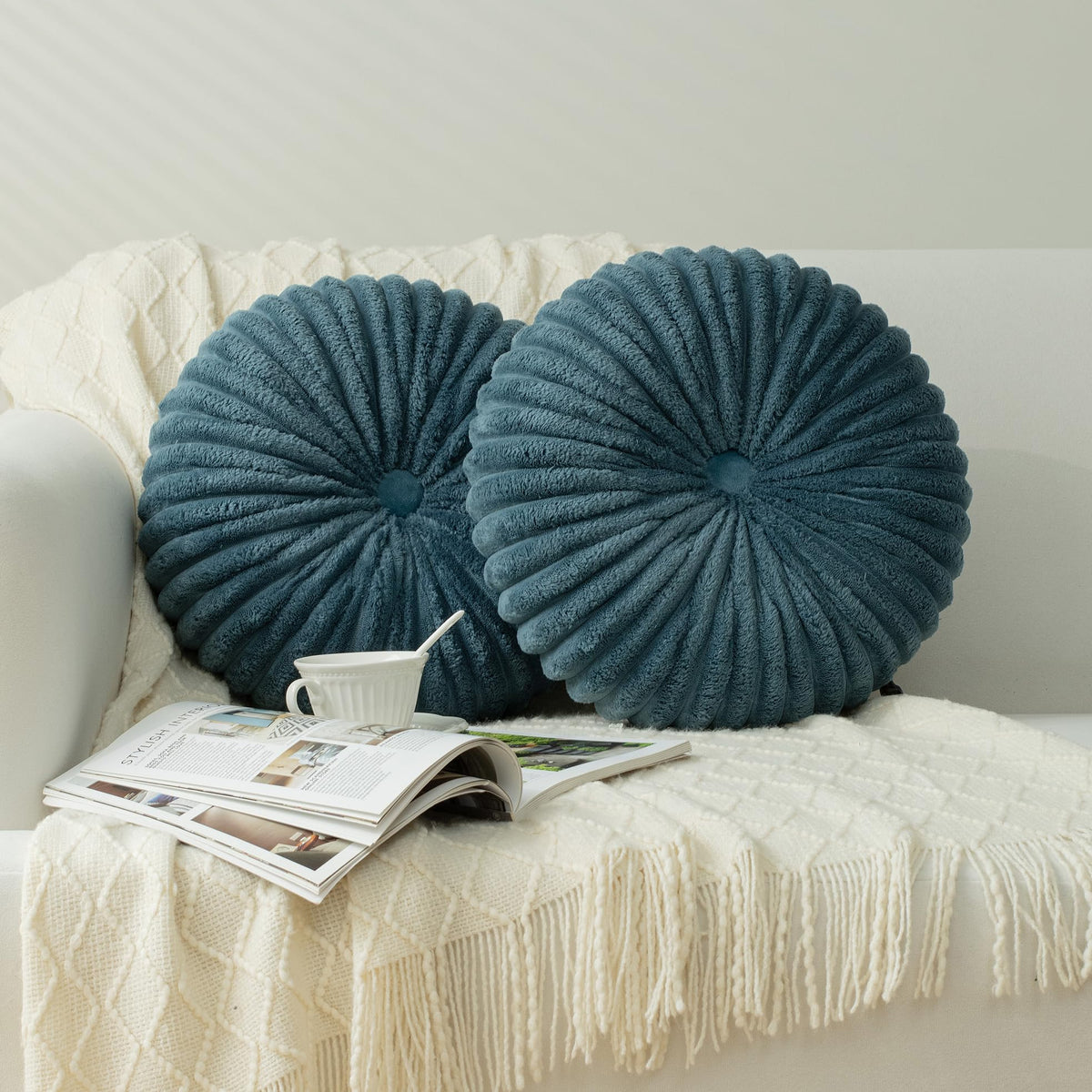 HIG Set of 2 Beige Velvet Decorative Round Pleated Throw Pillows