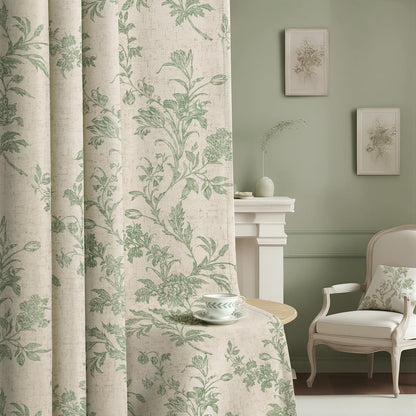 Boho Floral 100% Blackout Curtains 84 Inch 2 Panels Linen Texture