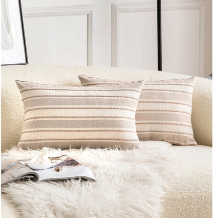Cethom Decorative Boho Throw Pillow Covers, Farmhouse Textured Pillow Case, 18 x 18 Inch Set of 2, Chair Sofa Bedroom Living Room Home Decor Couch Cushion Case, Classic Blue and Beige Striped