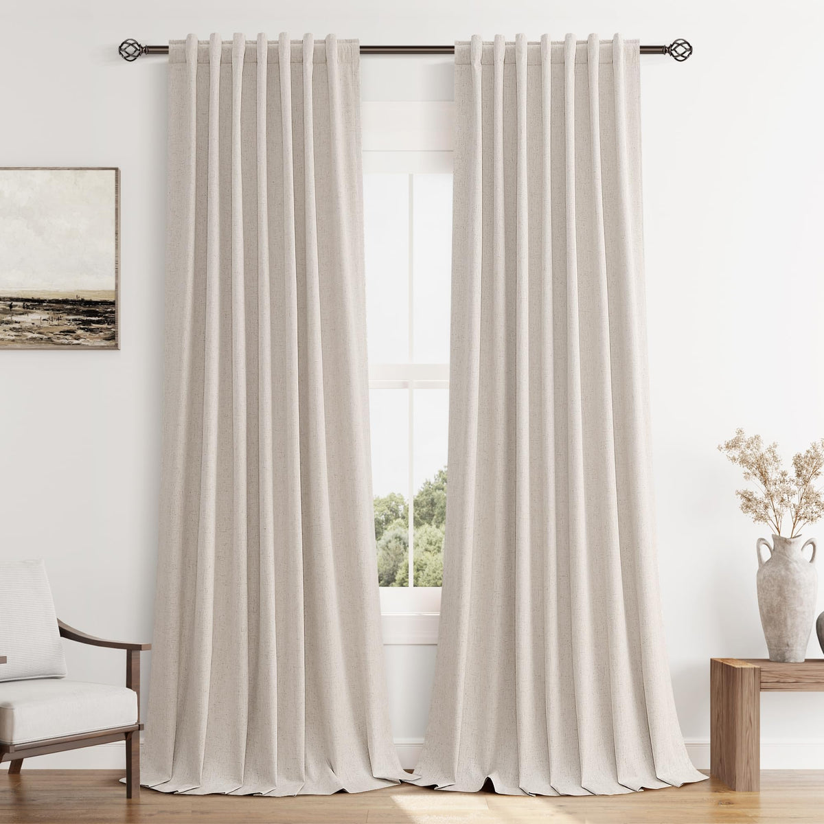 Guken Cream Linen Blackout Curtains 84 Inch Length 2 Panels Set for Living Room Bedroom Back Tab Thermal Insulated 100% Black Out Drapes Room Darkening Window Curtain Ivory Natural Beige
