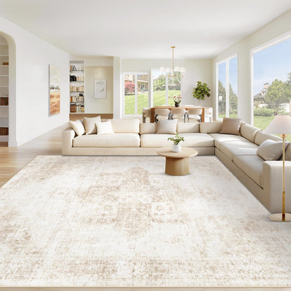 Area Rug 8x10 Washable Rug, Vintage Boho Medallion Rugs Non-Slip Soft Low Pile Large Distressed Rug Indoor Retro Carpet for Living Room Bedroom Dining Room Office Children's Room(Beige, 8'x10')