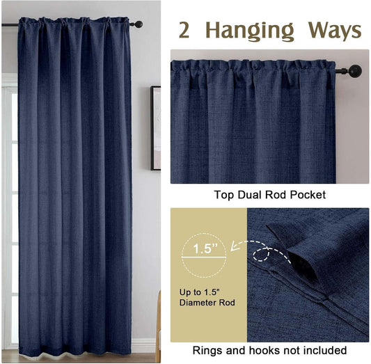 Simplebrand Navy Blue Linen Curtains 63 Inch Length 2 Panels, Faux Linen Textured Semi Light Filtering Farmhouse Curtains & Drapes, Soft Slub Window Curtains for Living Room Bedroom, Each 42" Wx63 L