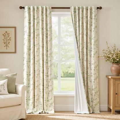 Lazzzy Taupe Vintage Floral Linen Curtains Farmhouse 50W X 84L 2 Panels