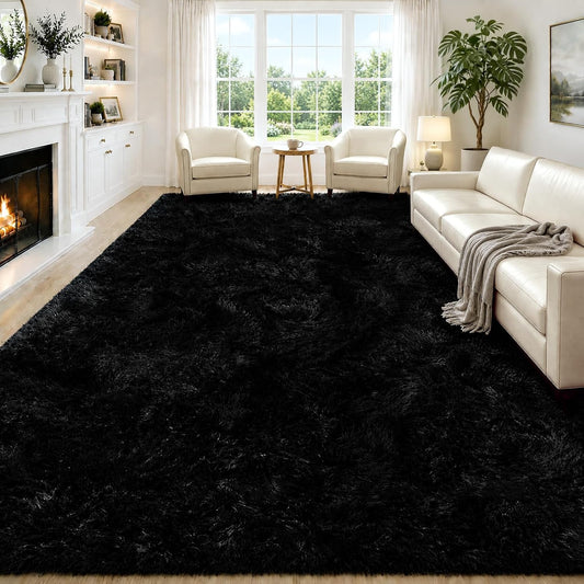 8x10 Fluffy Area Rugs for Living Room,Black Large Shag Area Rug for Bedroom