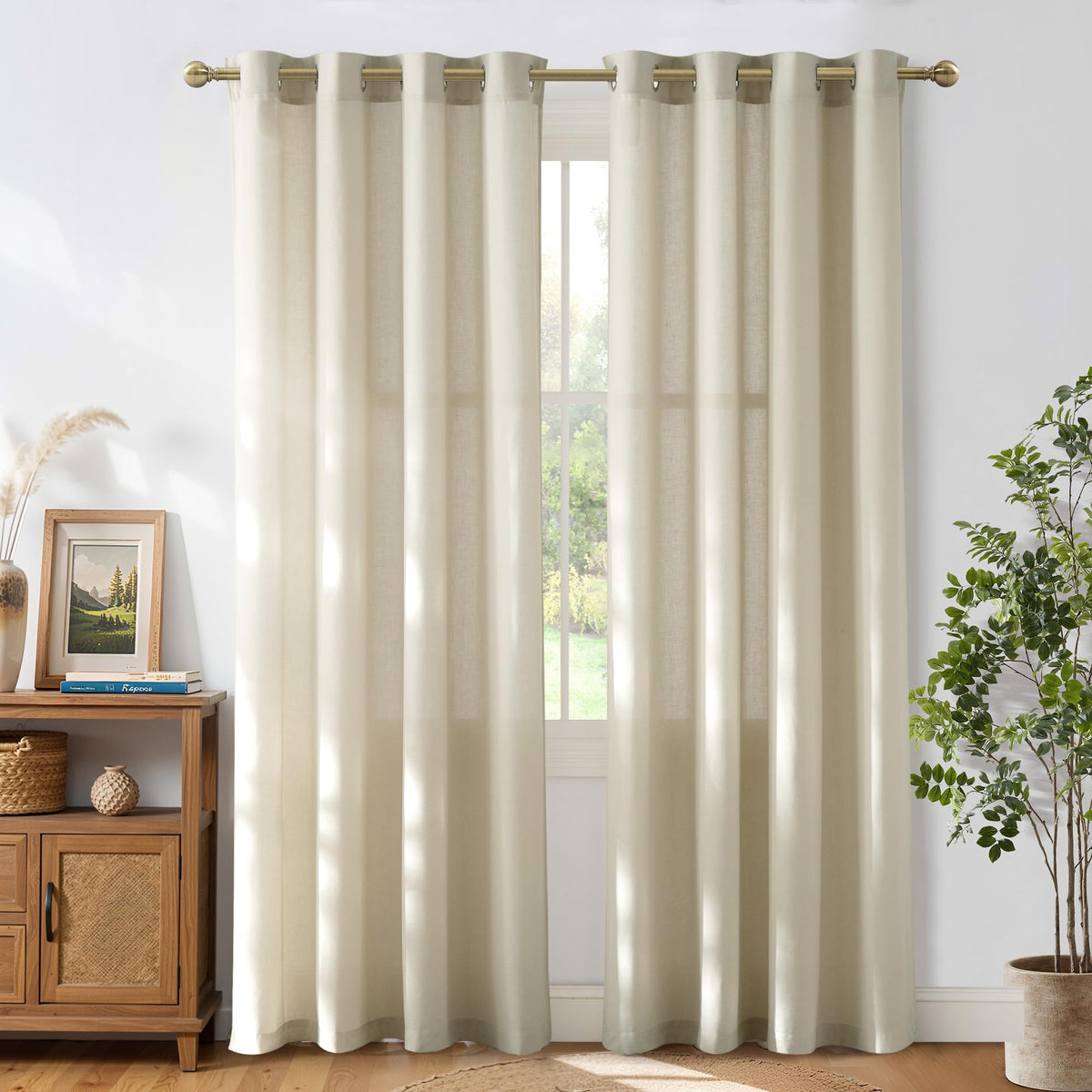 NICETOWN Natural Linen Curtains 84 inch Long 2 Panels Set, Grommet Top Thick Linen Burlap Semi Sheer Vertical Drapes Privacy Assured with Light Filtering for Bedroom/Living Room, W55 x L84