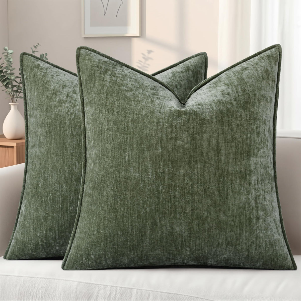 decorUhome Chenille Beige Velvet Throw Pillow Covers 18x18 Set of 2