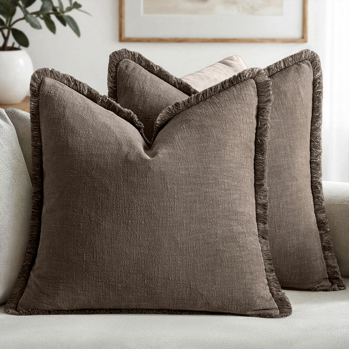 MIULEE Linen Fringe Decorative Fall Throw Pillow Covers Cocoa Brown 18x18
