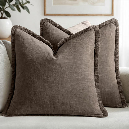 MIULEE Linen Fringe Decorative Fall Throw Pillow Covers Cocoa Brown 18x18