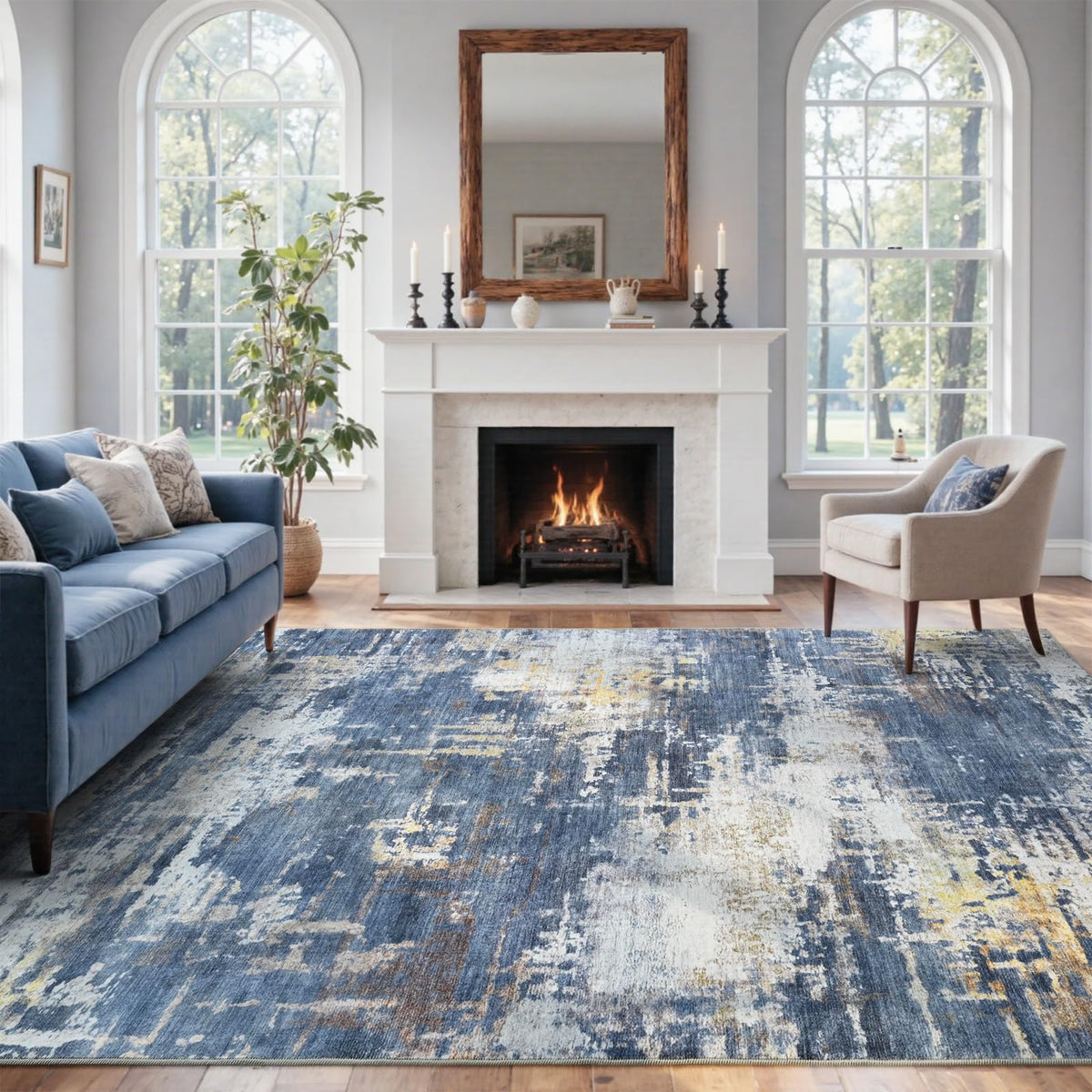 6x9 Ft Abstract Washable Area Rugs for Living Room Blue