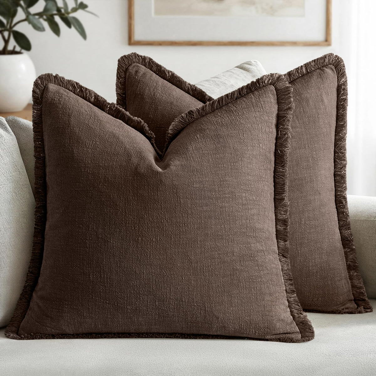 MIULEE Linen Fringe Decorative Fall Throw Pillow Covers Cocoa Brown 18x18