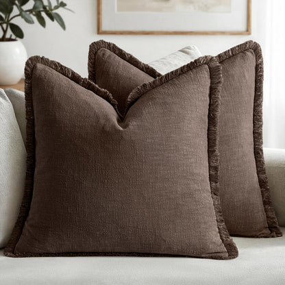 MIULEE Linen Fringe Decorative Fall Throw Pillow Covers Cocoa Brown 18x18