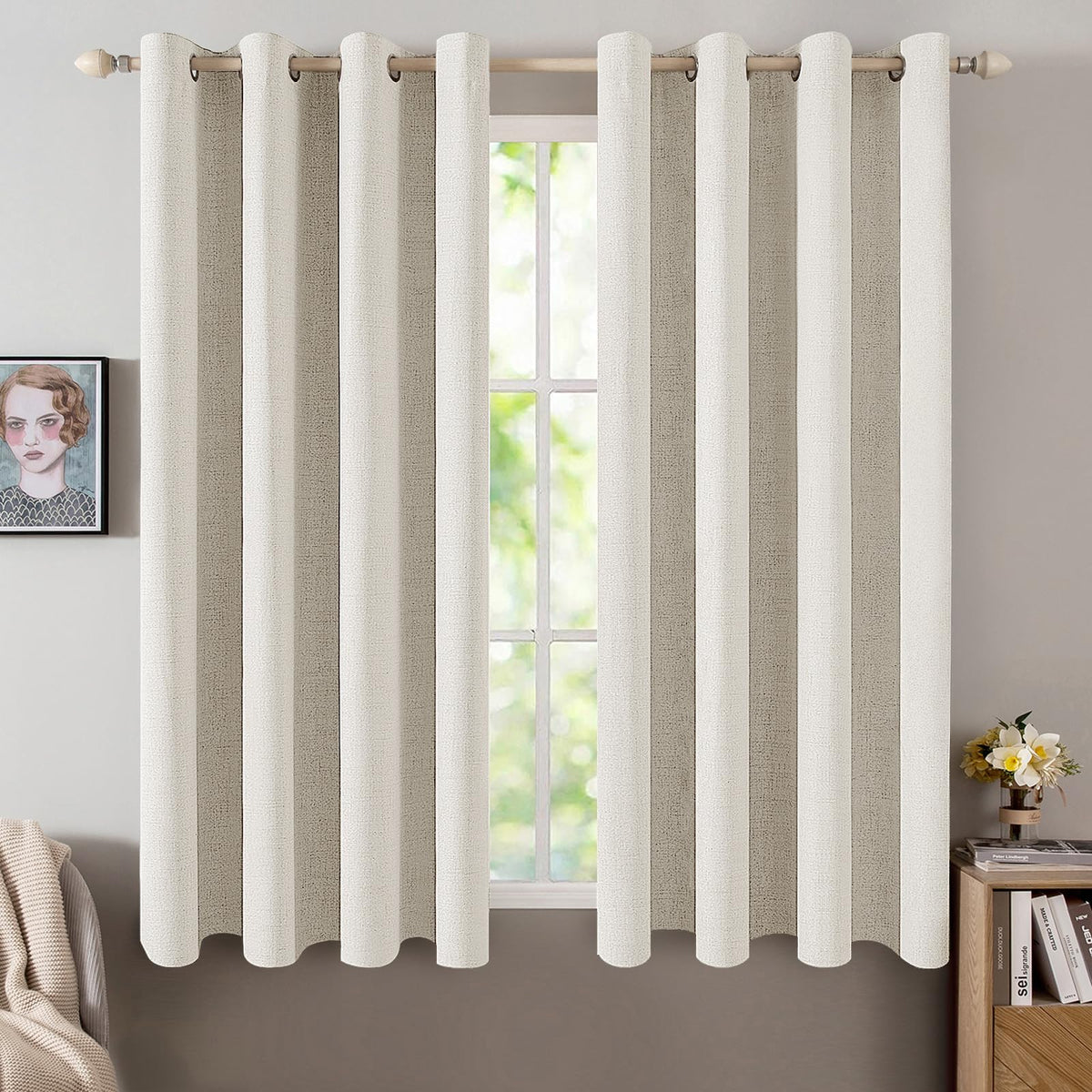 MIULEE 100% Blackout Linen Curtains for Bedroom 52x84 Inches Natural Beige