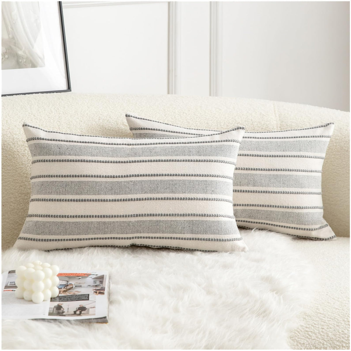 Cethom Decorative Boho Throw Pillow Covers, Farmhouse Textured Pillow Case, 18 x 18 Inch Set of 2, Chair Sofa Bedroom Living Room Home Decor Couch Cushion Case, Classic Blue and Beige Striped