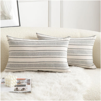 Cethom Decorative Boho Throw Pillow Covers, Farmhouse Textured Pillow Case, 18 x 18 Inch Set of 2, Chair Sofa Bedroom Living Room Home Decor Couch Cushion Case, Classic Blue and Beige Striped