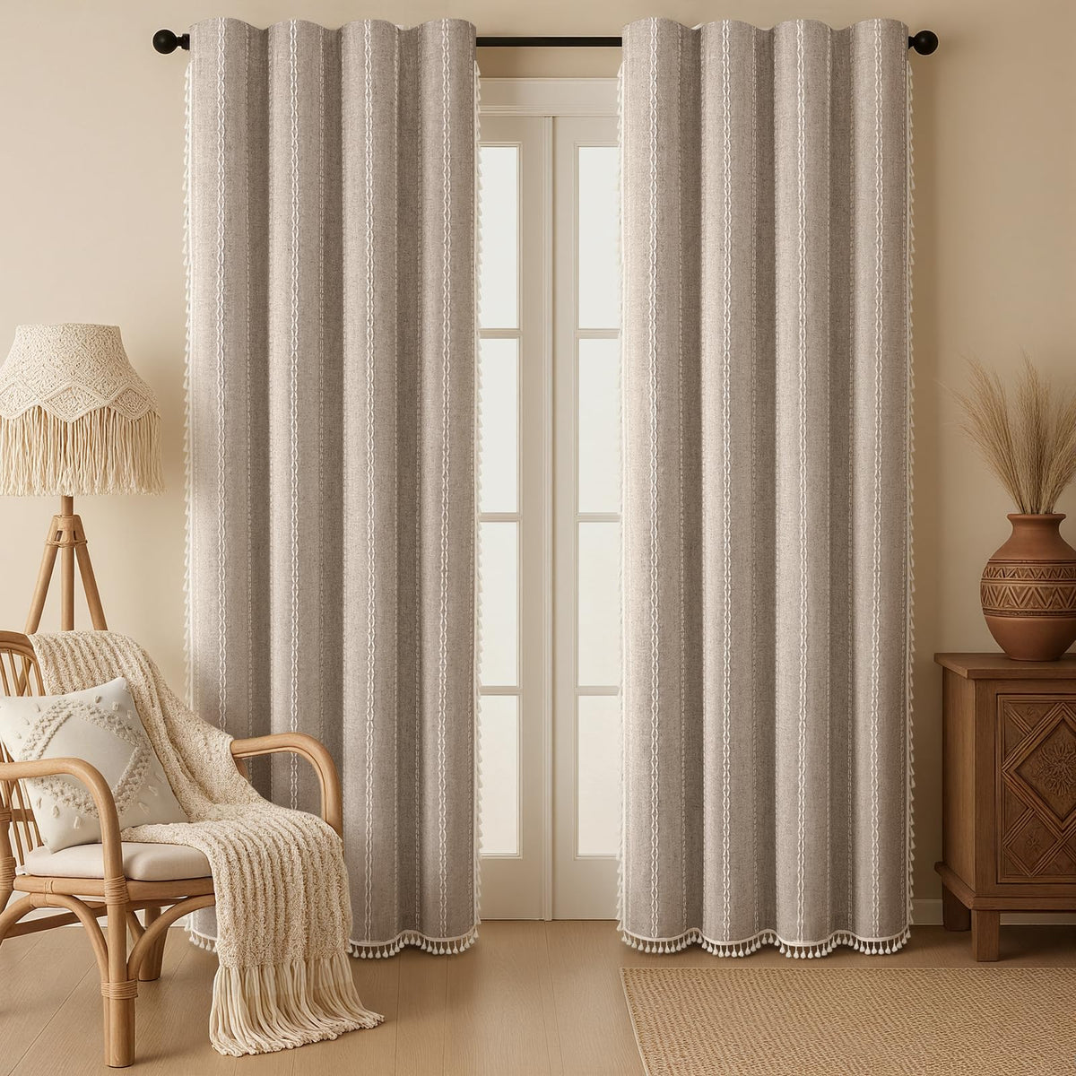 Boho 100% Blackout Curtains 84 Inch 2 Panels Linen Blend Beige