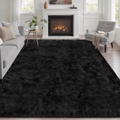 8x10 Area Rug Living Room Bedroom: Fluffy Plush Shag Carpet Black