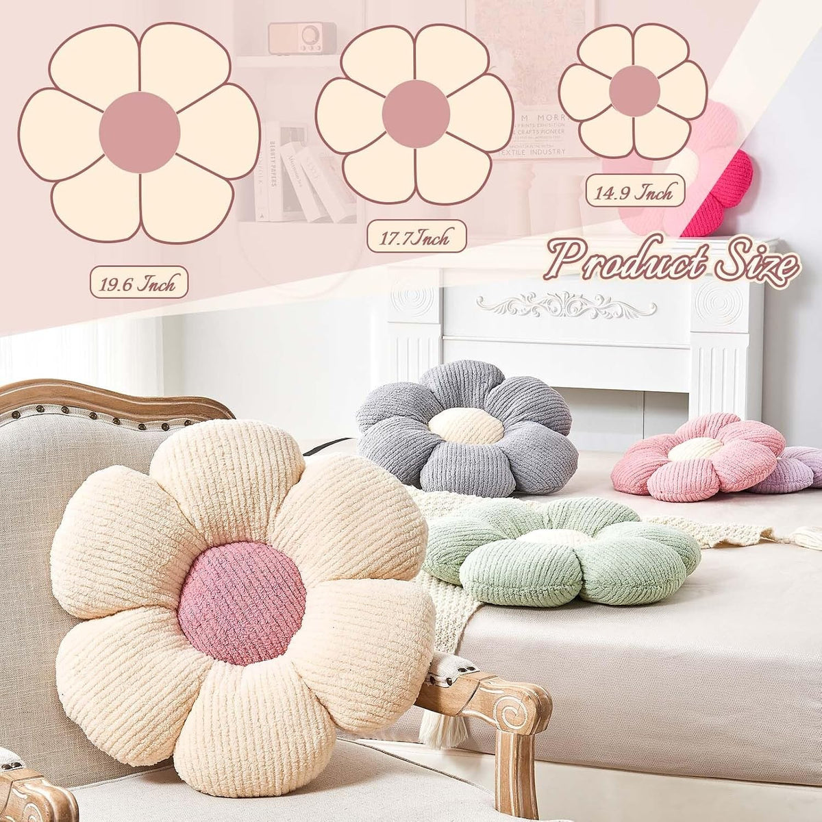 Kcvvcr Flower Throw Pillow, Soft White 14.9" Shaped Floor Pillow for Home Decor, Cute Aesthetic Plush Decorative Pillows for Bed, Sofa, Couch