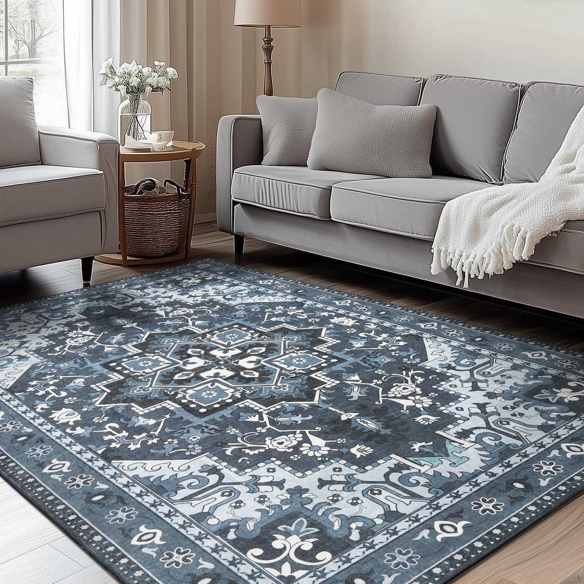 Rugflix 8x10 Area Rug for Living Room, Washable Navy Blue Dark Black Carpet
