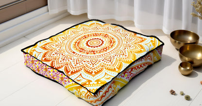 24" Black Gold Flower Mandala Barmeri Large Floor Pillow Cover Cushion Meditation Seating Ottoman Throw Cover Hippie Decorative Zipped Bohemian Pouf Ottoman Pom Pom Cases 24 " square