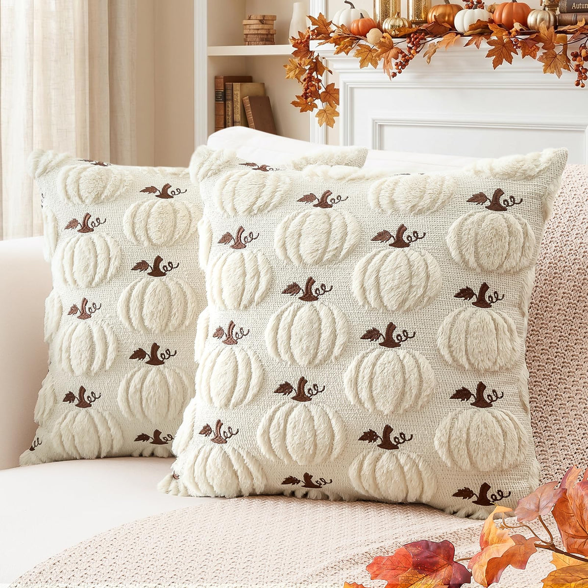 Artscope Fall Pumpkin Throw Pillow Covers 18x18 Set of 2, Autumn Soft Plush Faux Fur Decoration Cushion Covers for Thanksgiving Holiday Couch Sofa Bedroom Home Decor-Mustard Yellow