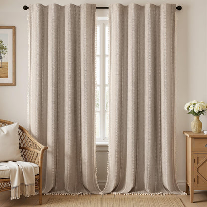 Boho 100% Blackout Curtains 84 Inch 2 Panels Linen Blend Beige