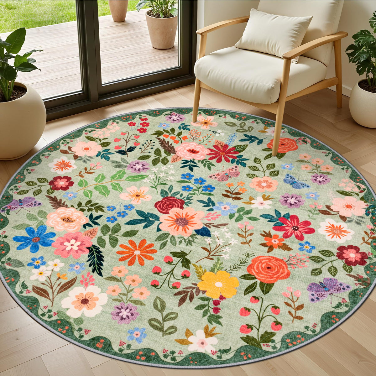 PLHXFR 8x10 Area Rug Living Room: Floral Washable Boho Carpet Dark Green