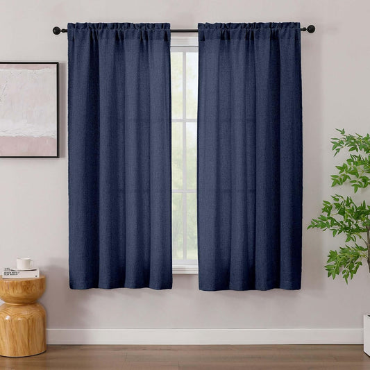 Simplebrand Navy Blue Linen Curtains 63 Inch Length 2 Panels, Faux Linen Textured Semi Light Filtering Farmhouse Curtains & Drapes, Soft Slub Window Curtains for Living Room Bedroom, Each 42" Wx63 L