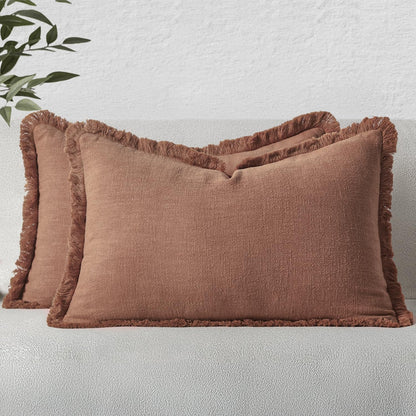 MIULEE Linen Fringe Decorative Fall Throw Pillow Covers Cocoa Brown 18x18