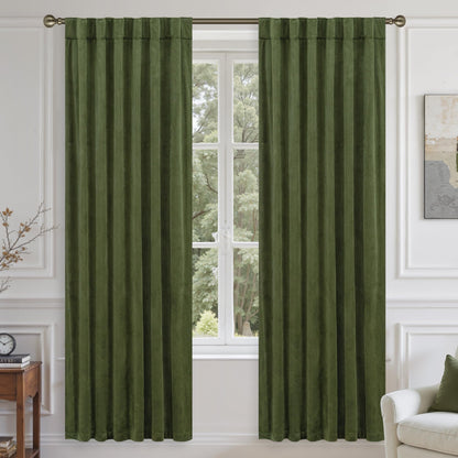 LAMIT Olive Green Velvet Curtains 84 Inch Length for Living Room, 2 Panels