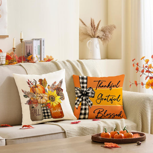 Fall Pillow Covers 18x18 Set of 4 Rustic Indoor Outdoor Decorations Fall Decor for Home Orange Throw Pillow Covers,Thankful Grateful Linen Autumn Cushion Case for Sofa Couch Chair Bedroom