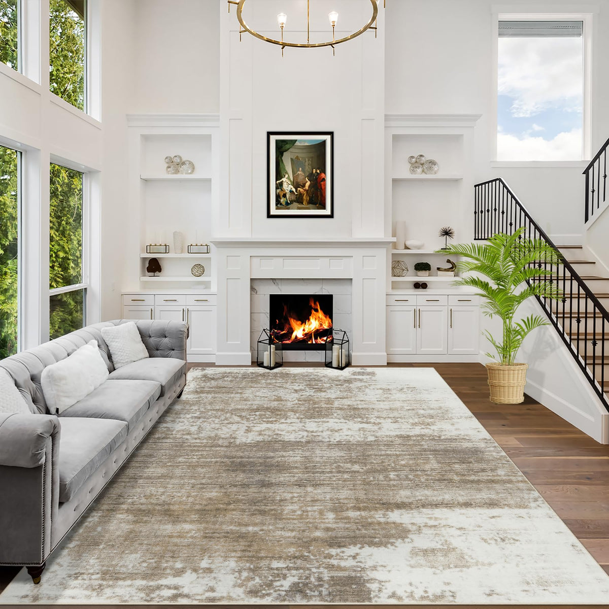 8x10 Area Rugs for Living Room: Washable Abstract Black Grey Gold Carpet