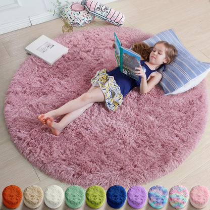 Amdrebio Pink Circle Round Fluffy Area Rug 4Ft for Girls Bedroom Kids Room