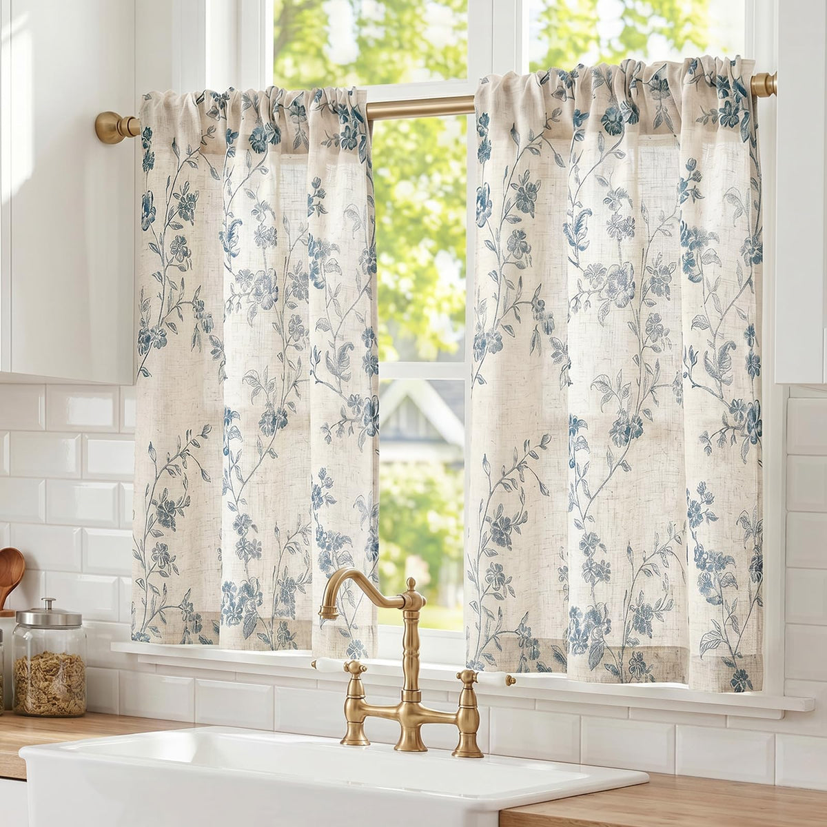 Lazzzy Taupe Vintage Floral Linen Curtains Farmhouse 50W X 84L 2 Panels